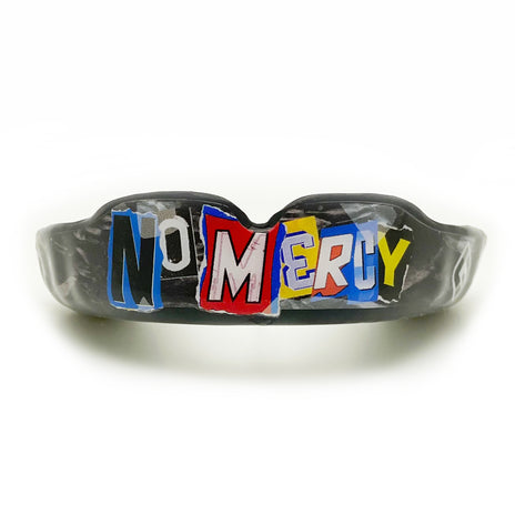 APEX No Mercy mouthguard ransom note letters for football, BJJ. MMA, sports, custom designed mouthguard by GuardLab